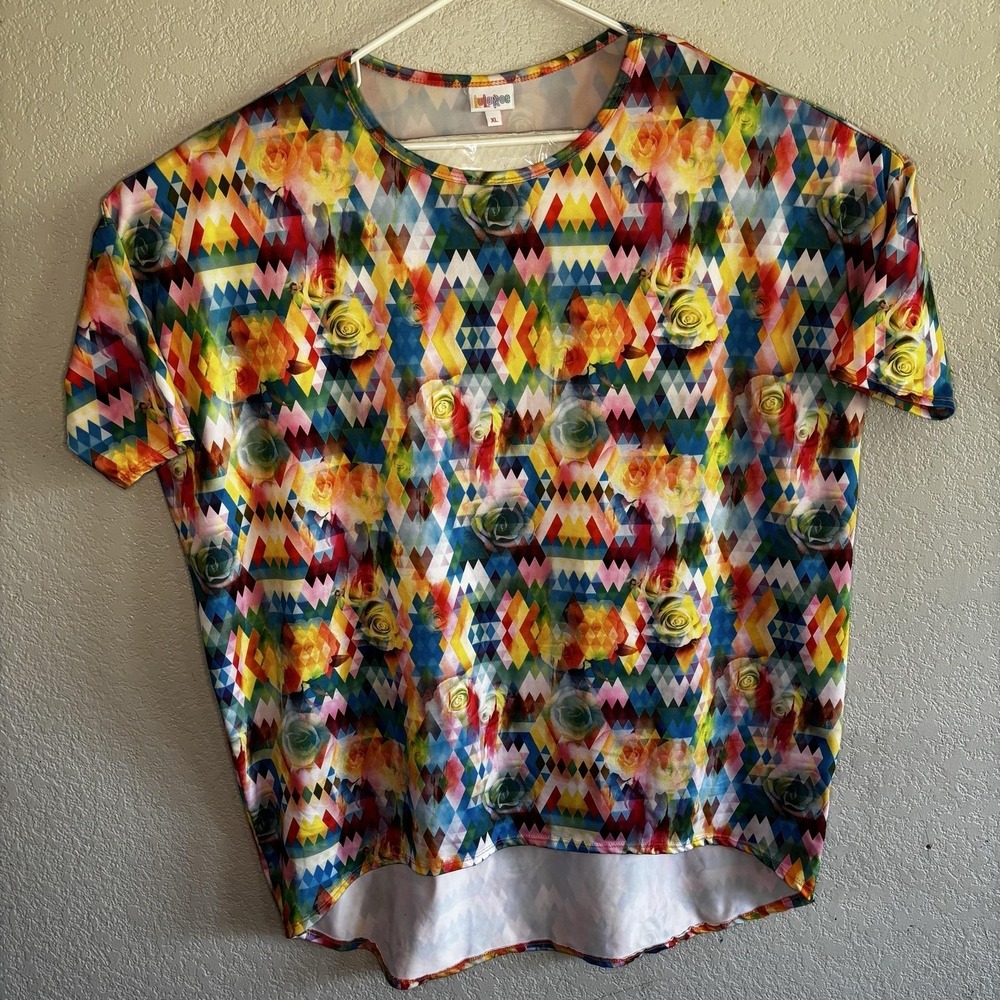 LuLaRoe Irma Tunic T Shirt Womens XL Multicolor Scoop Neck Geometric Floral Rose
